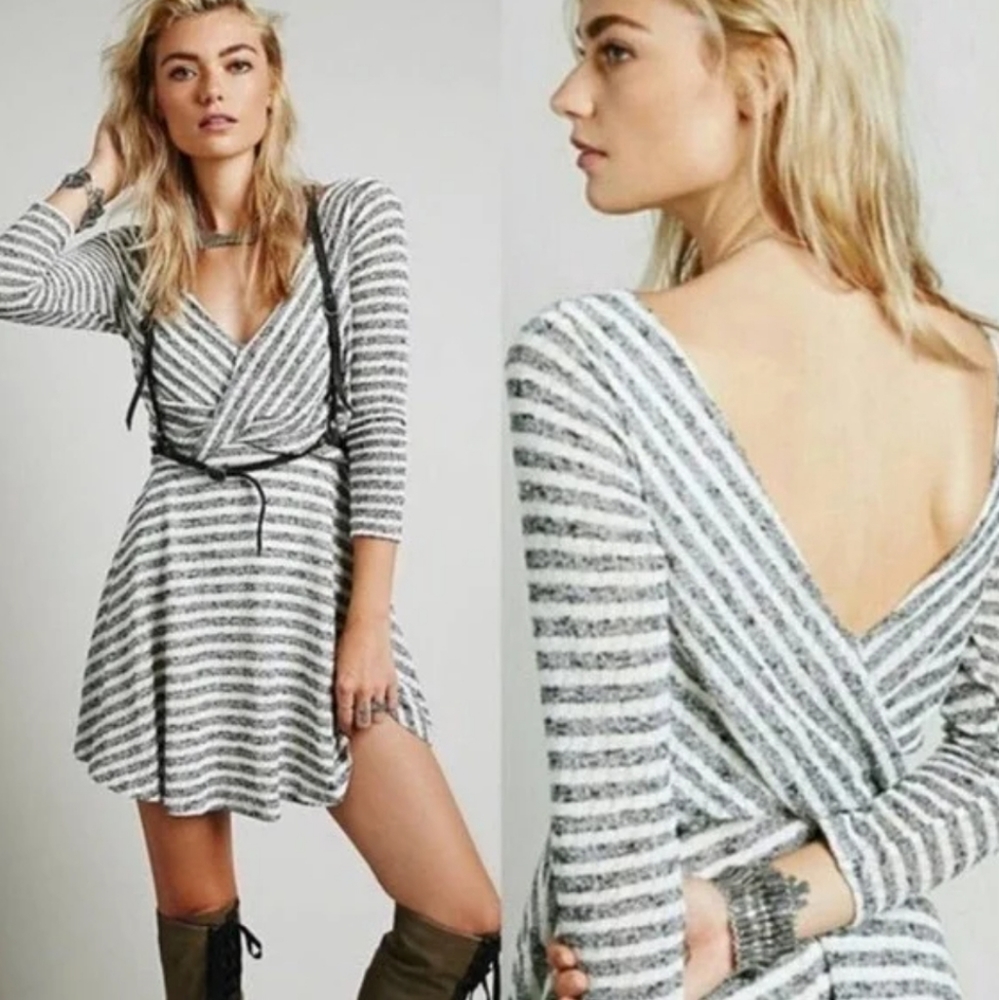 Free People Grey and White Longsleeve Dress